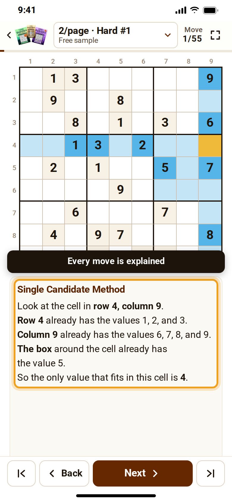The app explaining a hidden pair on a hard sample Sudoku